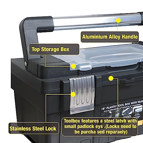 TCE ATRJH-9019U Torin 18-Inch Plastic Tool Box Organizer & Durable Tool Storage Box: Portable Removable Tray and Alum Alloy Handle Tool Box with 2 Metal Snap Lock for Enhanced Security, Black