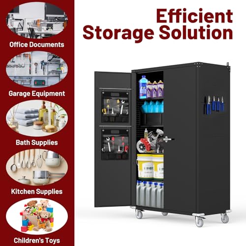 Reykilor Tall & Wide Metal Garage Storage Cabinet with 4 Adjustable Shelves, 43''W x 22''D x 72''H with Wheels & Pegboards, Heavy Duty Lockable Garage Cabinet for Warehouse, Basement, Office, Gym