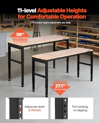 VEVOR Adjustable Workbench, 2000 lbs Capacity, 61 x 20-inch Heavy Duty Work Bench with 27.1-36 Inches Height Adjustment, Garage Workbench with Power Outlets, Suitable for Office, Garage, Workshop