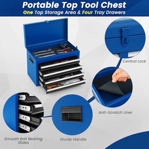 Goplus Rolling Tool Chest, 5-Drawer Tool Box Organizer w/Lockable Wheels & Sliding Drawers & Detachable Top & Adjustable Shelf, Tool Storage Cabinet for Garage Workshop (Blue)