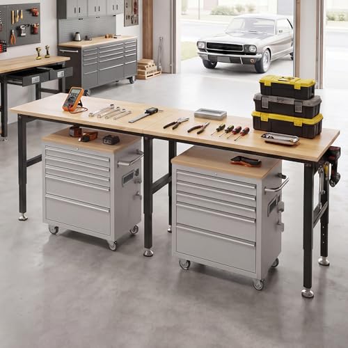 SPECRAFT 72" Adjustable Heavy Duty Workbench with 4 AC Outlet and 2 USB Ports Power Outlets, 6000 Lbs Capacity, Rubber Wood Top for Garage, Workshop, Office