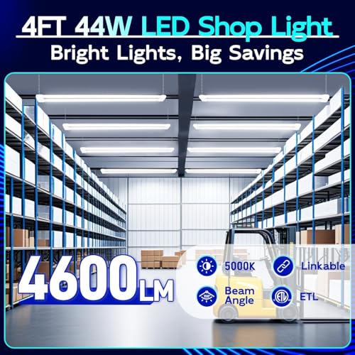 hykolity Linkable LED Shop Light 4FT 44W (300W Equivalent), 4600lm 5000K Daylight, Plug-in Utility Bay Light for Garage Hanging or Surface Mount, White - Energy Efficient,4 Pack
