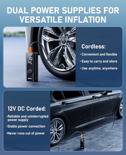 JUSUOX Tire Inflator Portable Air Compressor, Dual Power (Cordless & 12V DC) Air Pump for Car Tires, 150PSI Fast Air Pump for Moto, Bike, Large Capacity Battery, Digital Gauge with Emergency LED Light