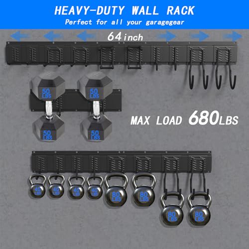CBWLWJ 64'' Garage Tool Organizer Wall Mount - Heavy Duty 680 lbs Capacity Tool Rack with 10 Adjustable Hooks, Wall Mounted Storage System for Garage, Shed, Workshop (Black)