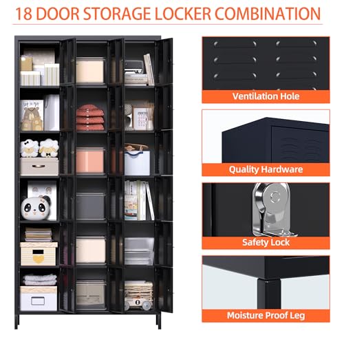 GangMei Lockers for Employees, 18 Doors Metal Storage Locker with Card Slot and Ventilation Holes for Office Home School Gym Garage, Black, Assembly Required