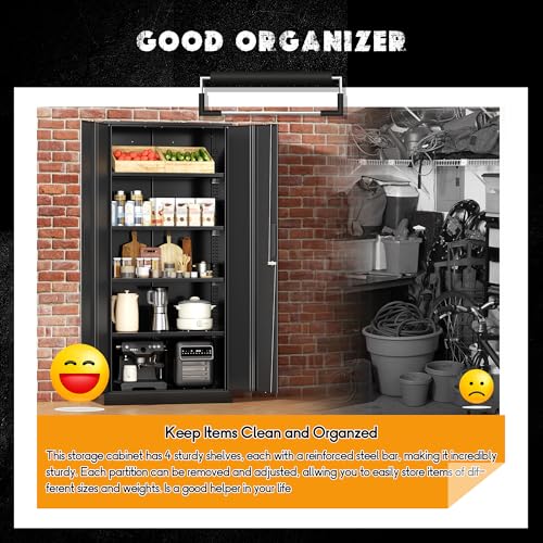 Greenvelly Storage Cabinet, 72” Black Garage Steel Locking Cabinet with Doors and 4 Adjustable Shelves, Tall Lockable File &Tool Cabinet for Home Office, Metal Classroom Cabinet Basement