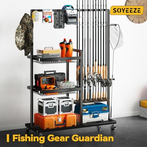 SOYEEZE Fishing Rod Holders for Garage, Fishing Pole Rack-360 Degree Rotating, Floor Stand Fishing Rod Storage Holds Up to 12 Rods, Space-Saving Pole Organizer with Unique Hook & Basket Design
