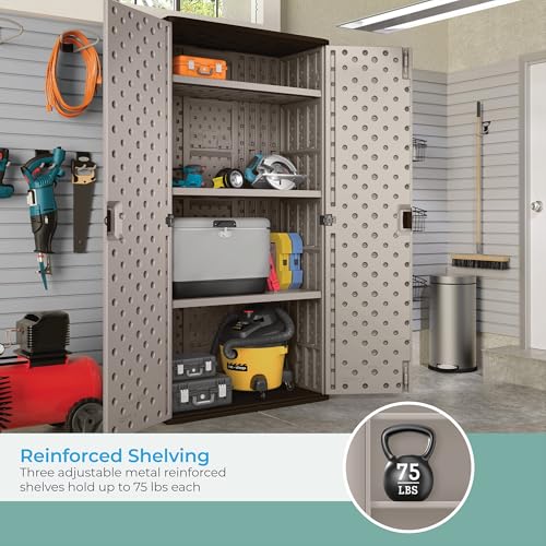 Suncast Mega Tall Storage Cabinet for Garage Organization - 31 Cu. Ft. Lockable Utility Closet with 3 Adjustable Shelves for Garden Supplies & Outdoor Tools, Multi-Wall Resin Construction, Platinum