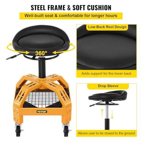 VEVOR Rolling Garage Stool, 300LBS Capacity, Adjustable Height from 24 in to 28.7 in, Mechanic Seat with 360-degree Swivel Wheels and Tool Tray, for Workshop, Auto Repair Shop, Yellow