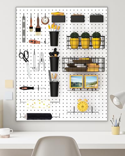 INCLY 30PCS Peg Board Organizer Accessories Kit, Pegboard Hooks Assortment with Bins, Cups, Wire Baskets and Paper Towel Holder for 1/8“ and 1/4” Pegboard Garage Workbench Craft Room Organizing Tools