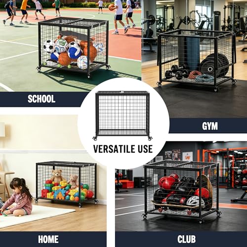 Ball Cart Garage Sports Equipment Organizer with Lockable Lid, Basketball Storage Bin for Indoor Outdoor, Rolling Exercise Ball Cart Holder for Gym, School, Club