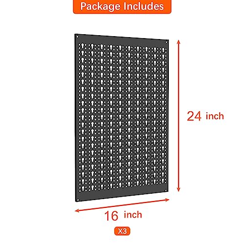 TORACK 3 PCS Metal Pegboard Panels for Garage Wall Utility Tools Storage Pegboard for Workbench, Modular Peg Board Tool Organizer Board Kit(Pack of 3, Black)