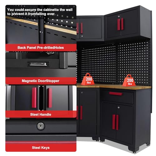 Tsnritor Corner Workshop Set,10Pcs Garage Cabinets and Storage System with Corner Cabinet, Cabinet Drawers, Workbench, Pegboard for Tool Organization, Red Handle