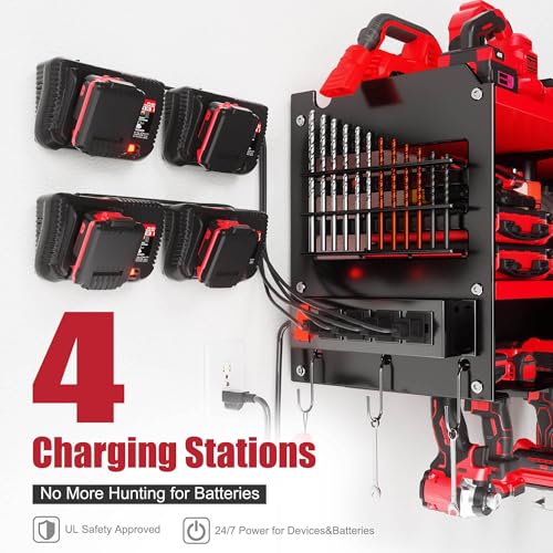 Spampur Fathers Day Gift – Power Tool Organizer Wall Mount with Charging Station, 420 lb Capacity 3-Tier Storage Rack Holds 6 Drills, Side Slots for Screwdrivers & Bits, Garage Storage for Men Gifts