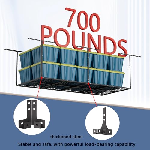 Soywey 4 x 8 FT Overhead Garage Storage Rack, Adjustable Ceiling Storage Racks, Garage Shelving Heavy-duty Storage Organizer System, Load 700LBS Weight(Black)