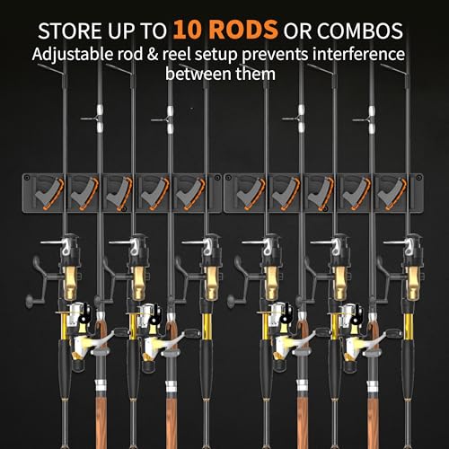 Fishing Rod Holder for Garage Wall, Vertical Fishing Pole Rack with TPE Soft Pads Each Holds Up to 5 Rods 0.1"-0.75" – Wall Mounted Fishing Rod Storage Organizer,Gifts for Men – 2 PACK (Holds 10 Rods)