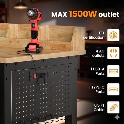 Northsky Heavy-Duty 48" Adjustable Height Workbench - 2200 LBS Capacity with Storage & Pegboard, Built-in Power Outlet, Lockable Wheels for Garage, Workshop, & Home Use