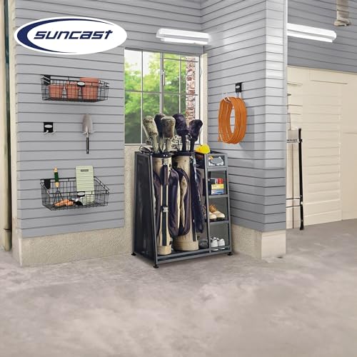 Suncast Garage Golf Bag Shelf Organizer with Leveling Feet and 5 Inch Bin for Club, Ball, and Accessory Storage, 2 Pack