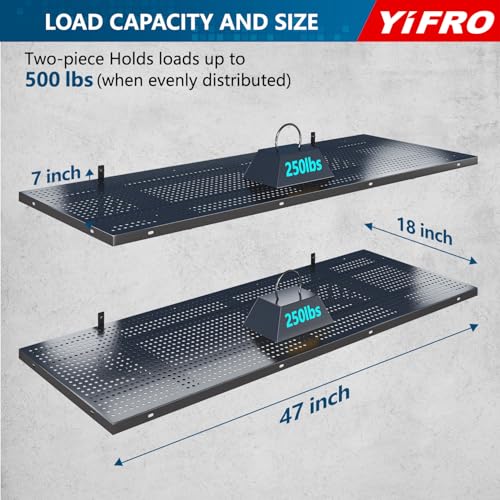 YIFRO 2-Pack 1.5x4ft Heavy Duty Garage Wall Shelving, 500 lbs Load Capacity, Garage Shelving Wall Mounted, Garage Storage Rack with Hooks, Black