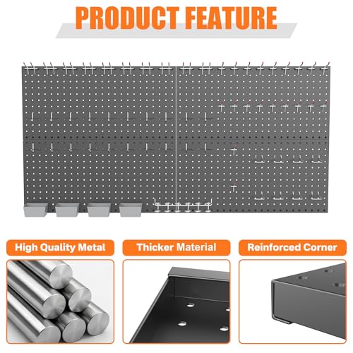TORACK Garage Tools Organizer Boards Kit with Hooks, Modular Wall-Mounted Tool Storage Pegboard for Workbench(Black, 4 Panels with Hooks)