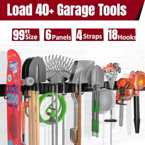 Hailivike 99" Garage Tool Organizer Wall Mount, 28 Pack Heavy Duty Wall Mount Garage Storage Rack Carries1000 lbs, Metal Wall Mount Tool Hanger for Shovels, Rakes, Fits 16" Wall Studs (6 Panels)