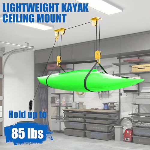 KOSEOO 2 Pack Kayak Hoist for Garage Ceiling Storage, Kayak Lift Pulley System with 85 lbs Capacity for Lightweight Kayak, Ladder, Bike, Surfboard
