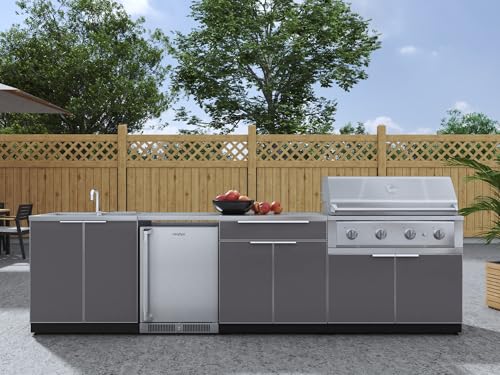 NewAge Products Outdoor Kitchen Island Aluminum Slate Gray 6 Piece Cabinet Set with Fridge, Liquid Propane 40" Performance Grill, Backyard Outdoor Grilling Set, 4-Burner BBQ 48000 BTU Gas Grill, 66312