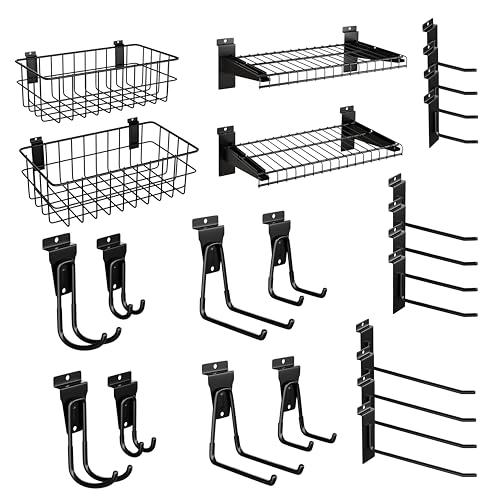 BOBIBAN 24PCS Slatwall Accessories Set, Includes Metal Slatwall Baskets, Shelves and Hooks, Heavy Duty Slat Wall Organizer Kit for Shops, Garage and Room Storage (Black,24pcs)