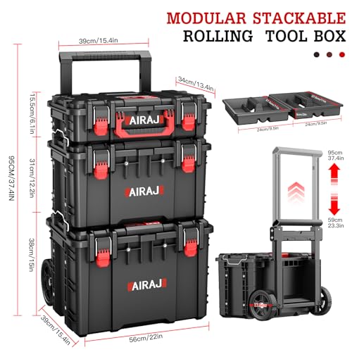 Rolling Tool Box with Wheels Heavy Duty,Modular Stackable Tool Box Organizer,Waterproof Toolbox for Hand/Power Tools,Removable Divider/Parts Box,All-terrain Durable Wheels,Telescopic Pull Rod Handle