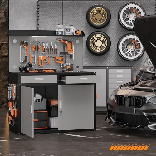 Rumetol 65" Heavy Duty Garage Workbench with Storage Drawers & Pegboard,2000lbs Capacity Metal Work Bench with Lockable Magnetic Cabinets,Adjustable LED Light for Workshop/Garage