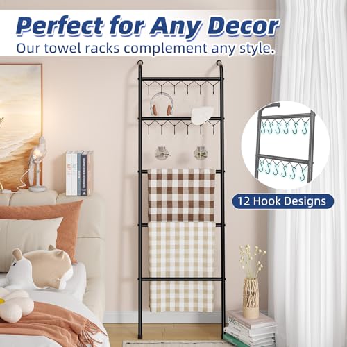 Simple Trending Blanket Ladder，5 Tier Metal Towel Rack with 12 Hooks, 79'' Metal Style Decorative Ladder for The Living Room Bedroom Bathroom Home Decor, Black