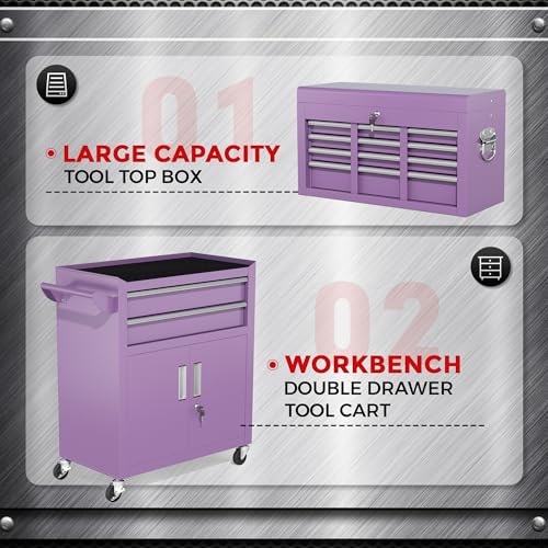 Brightpeak 8-Drawer Rolling Tool Chest – Heavy-Duty Steel Tool Cabinet with Detachable Top Box & Locking Wheels – Secure 2-in-1 Garage Workshop Storage, Tool Organizer(Purple)