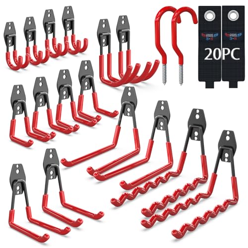 3-H Heavy Duty Garage Wall Hooks 20 Pack, Anti-Slip PVC Coating Wall Mount Garage Storage Utility Hooks, Heavy Load Organizer for Ladders, Yard Tools, Shovel, Weed Eater, Hoses & Bulk Items,Red