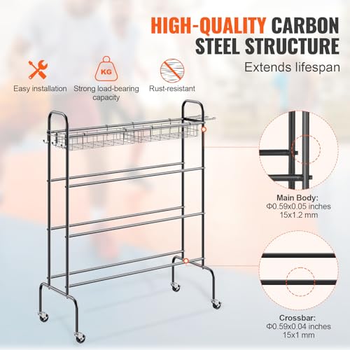 VEVOR Basketball Rack, 4-Layers Rolling Basketball Shooting Training Stand, Sports Equipment Storage Organizer with Wheels, Hooks and Baskets, Garage Ball Storage Holder for Football Soccer Volleyball