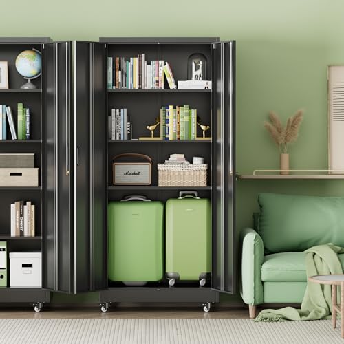 INTERGREAT 73" H Metal Storage Cabinet with Wheels, Locking Doors and Adjustable Shelves, Black Rolling Steel Tool Cabinet for Home Office, Garage, Warehouse