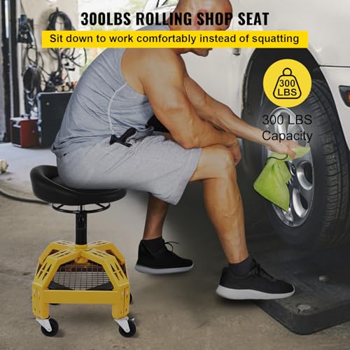 VEVOR Rolling Garage Stool, 300LBS Capacity, Adjustable Height from 24 in to 28.7 in, Mechanic Seat with 360-degree Swivel Wheels and Tool Tray, for Workshop, Auto Repair Shop, Yellow