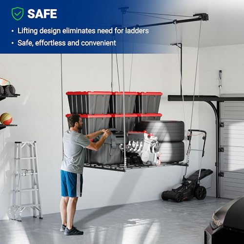 FLEXIMOUNTS Overhead Garage Storage Rack Lift, 4x4 Ft Heavy-Duty Garage Ceiling Storage Racks, Adjustable Organization System With 71'' L Axle, 350lbs Load Capacity, Flat Black