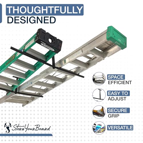 StoreYourBoard Adjustable Overhead Ladder Rack – Garage Organizer Ladder Shelf for Step & Extension Ladders - Storage Racks and Shelving for Garage Organization - Ceiling Mounted - Holds 150 lbs