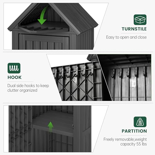 Bifanuo Deck Box Storage Shed Outdoor Storage Cabinet, Vertical Waterproof Resin Material Plastic Shed with Removable Shelves, 12 Hooks and Lock Ring for Garden, Pool and Patio (Black)