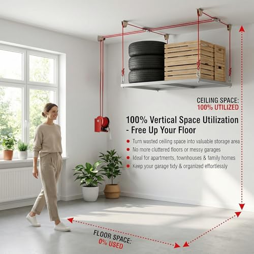 Overhead Garage Storage Lift Hoist, 400 lbs Ceiling Garage Hoist System with Hand Crank, Heavy Duty Double Rope Pulley Lift, Adjustable Garage Organizer for Bikes, Kayaks & Storage Bins (No Platform)