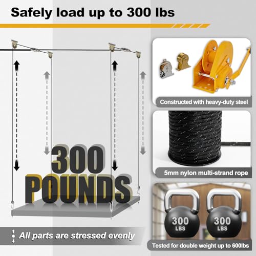 Overhead Garage Storage Lift - Heavy Duty Ceiling Mounted Garage Storage Lift System for Organization - 300lbs Weight, Supports 8-16ft Ceilings, Compatible Bronco, Weight, Wrangler (Deck Not Includ)