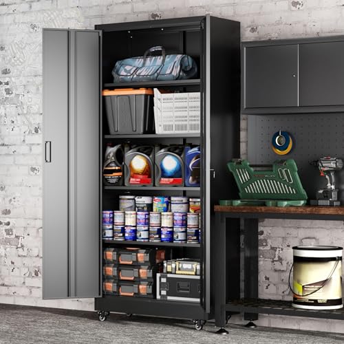 Greenvelly 73" Rolling Storage Cabinet,Black Metal Garage Cabinet with Locking Doors and 4 Adjustable Shelves for Home,Kitchen,Office,Warehouse(32" W x 16" D,Wheels)