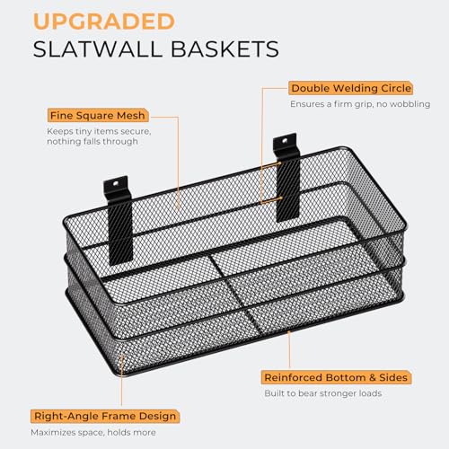 INCLY 4 Pack Upgrade Slatwall Baskets, Heavy Duty Metal Mesh Slat Wall Basket, Mounted Hanging Storage Slatwall Accessories for Garage Organizing Shop Display on Slat Wall Panels