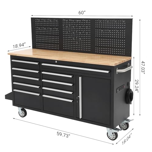 GAOMON 61-inch Rolling Tool Chest, 10 Drawers Garage Workbench Storage Tool Cabinet with Power Strip, Solid Rubber Wood Top, 1675 LBS Load Mobile Workstation, Heavy Duty Rolling Cabinet