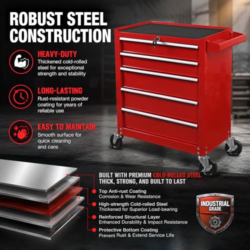 YELLOW JACKET Rolling Tool Chest 5 Drawers, Portable Tool Storage Cabinet with Wheels, Tool Cabinet Organizer with Locking System & Drawer Liners, Tool Storage Cart for Garage, Workshop, Red