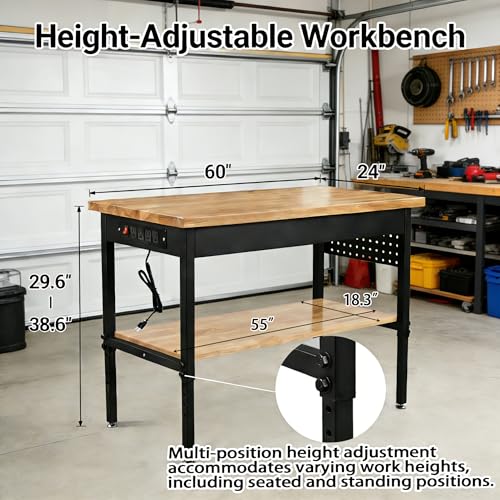 48/60/70 Inch Adjustable Workbench with Power Outlet Heavy Duty 2500 LBS Load Capacity Hardwood Work Table for Garage 6 Level Height Adjustable Workshop Bench with Wheels (60"x24"Double-Layer)