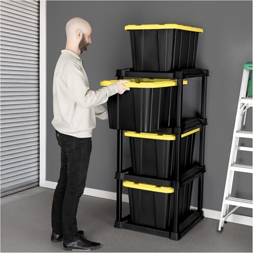 Sterilite 4 Tier Tote Rack, Vertical Plastic Storage Organizer Unit, Black - Standing Shelves for Industrial Utility Tote Organizers in Garages, Workshops, Laundry Rooms, and Basements