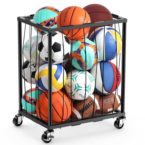TomCare Garage Ball Rolling Storage Rack Large Capacity Basketball Holder with Elastic Rope [Hold 12-15 Balls][Easy to Take] Garage Sports Equipment Organizer cart with Wheels for Home, Outdoor Use