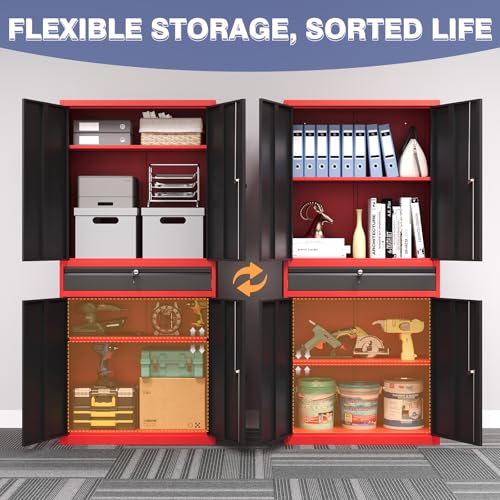 LISSIMO Metal Garage Storage Cabinet with Locking Doors and Drawer, 71" Steel Tool Storage Cabinet with Adjustable Shelves for Garage,Office,Warehouse (Red Black)