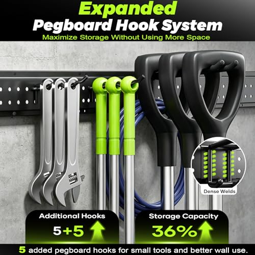 HOLDRAIS Garage Tool Organizer Wall Mount, 49.5 Inch Heavy Duty Garage Organization System with 10 Adjustable Hooks, Garden Tool Storage Rack for Garage, Yard & Shed, Holds Up to 400 lbs